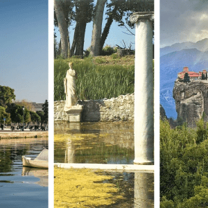 a collage of a lake and a statue