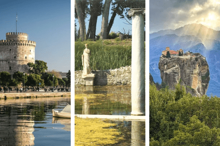 a collage of a lake and a statue